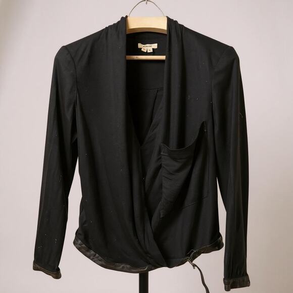 Helmet Lang Faux wrap 100% Leather Trim Blouse Black XSmall Viscose Wool - Picture 2 of 8